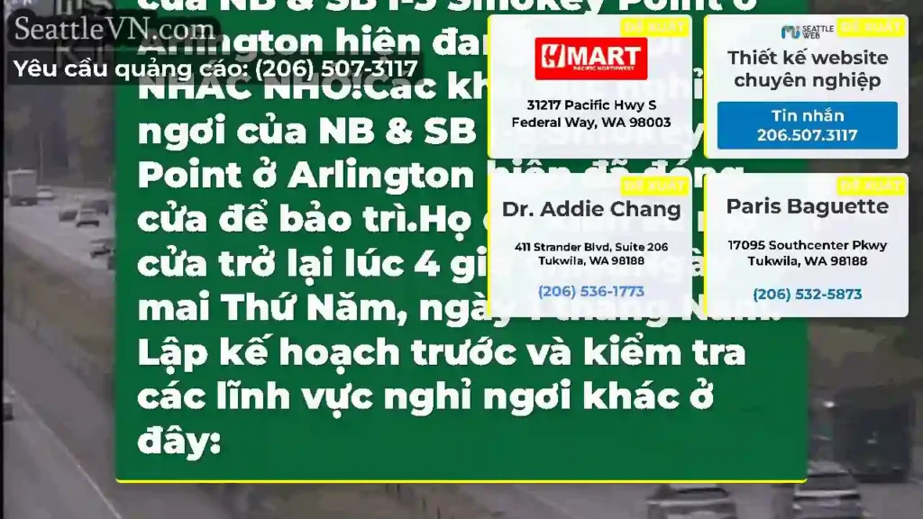 Mở: Cả hai khu vực nghỉ ngơi của NB & SB I-5