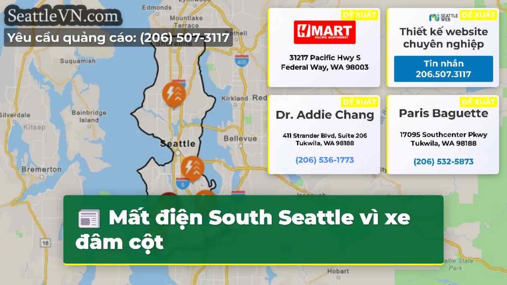 Mất điện South Seattle vì xe đâm cột