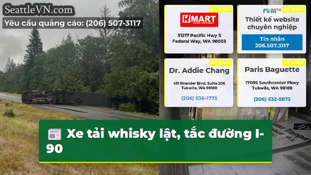 Xe tải whisky lật, tắc đường I-90