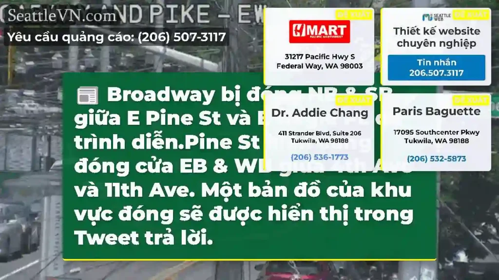 Broadway bị đóng NB & SB giữa E Pine St và E