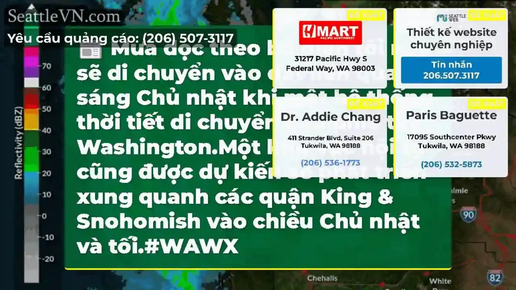 Mưa dọc theo bờ biển tối nay sẽ di chuyển vào đất