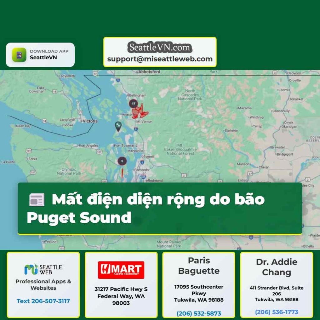 Mất điện diện rộng do bão Puget Sound