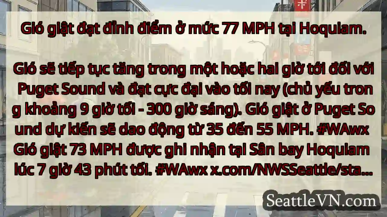 Gió giật đạt đỉnh điểm ở mức 77 MPH tại Hoquiam.