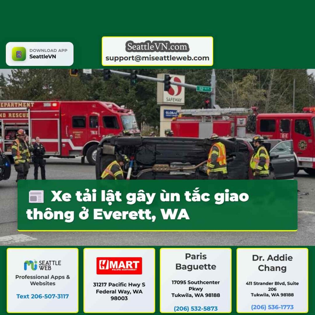 Xe tải lật gây ùn tắc giao thông ở Everett, WA
