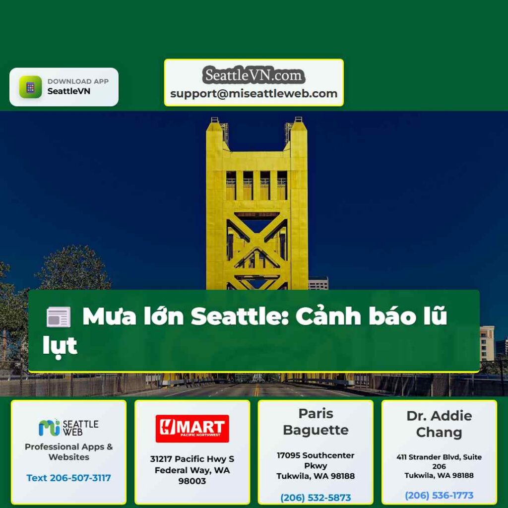 Mưa lớn Seattle: Cảnh báo lũ lụt