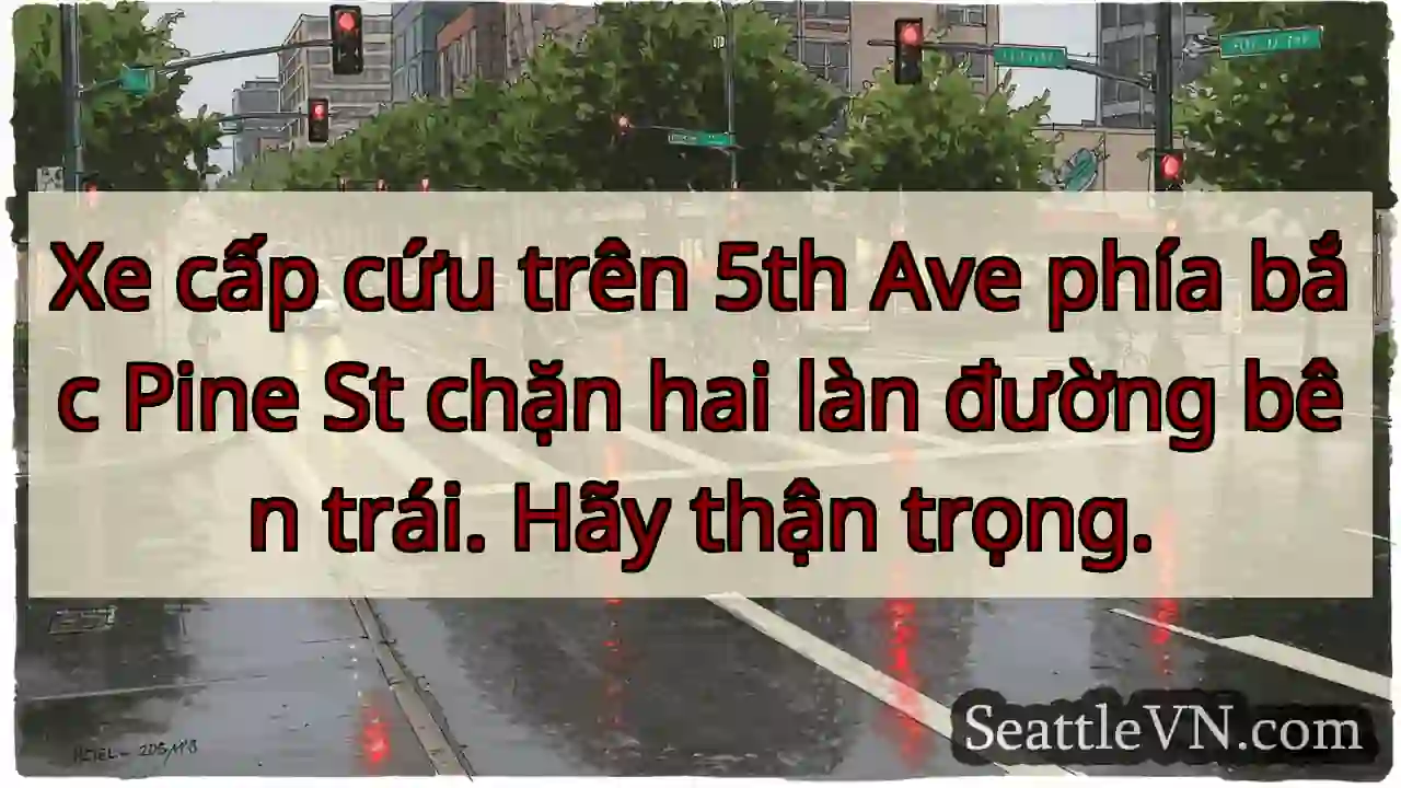 Xe cấp cứu trên 5th Ave phía bắc Pine St chặn hai