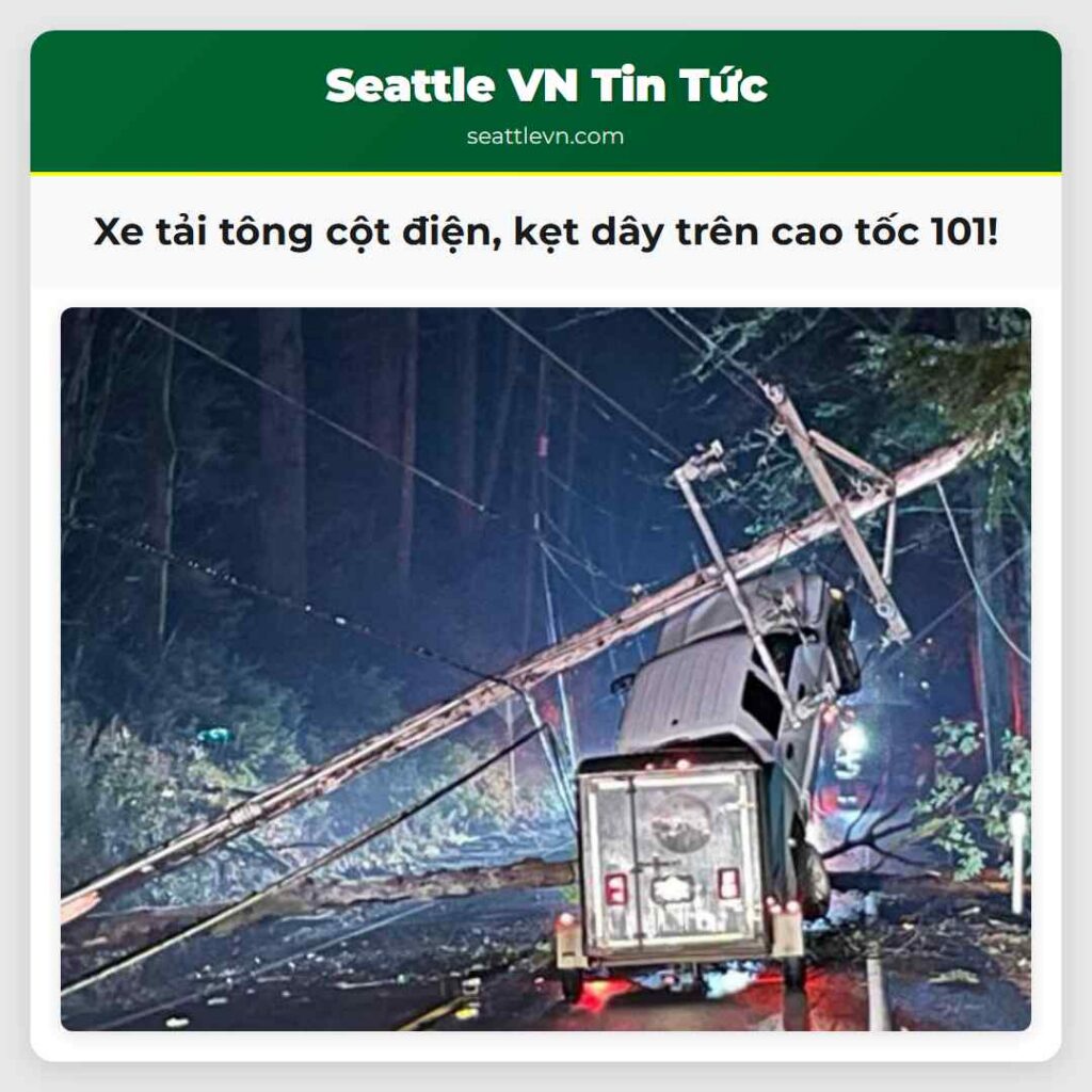 Xe tải tông cột điện, kẹt dây trên cao tốc 101!