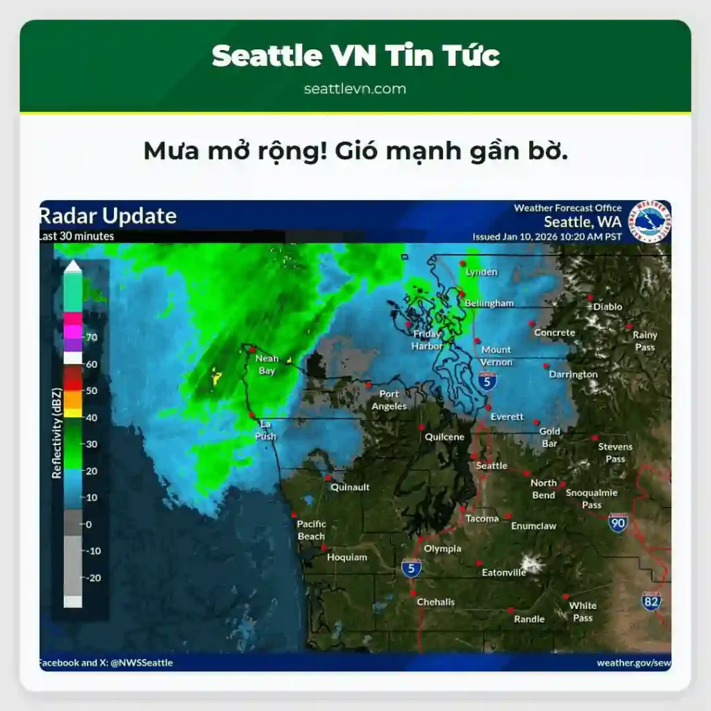 Mưa mở rộng! Gió mạnh gần bờ.