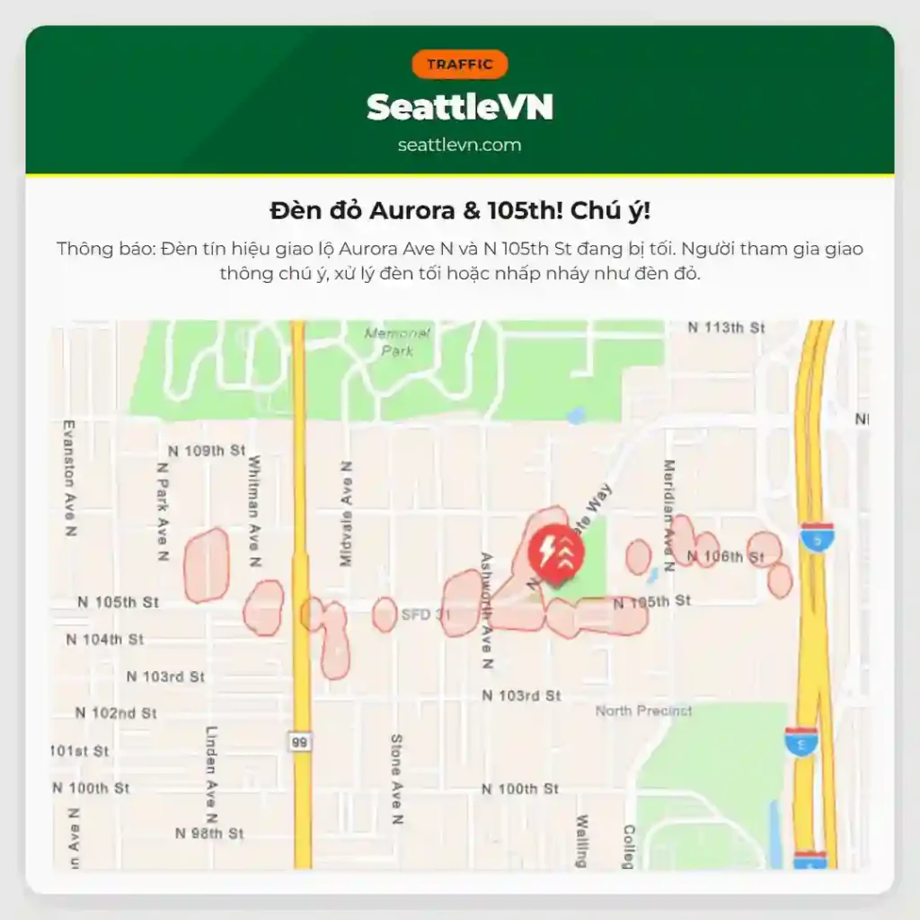 Đèn đỏ Aurora & 105th! Chú ý!