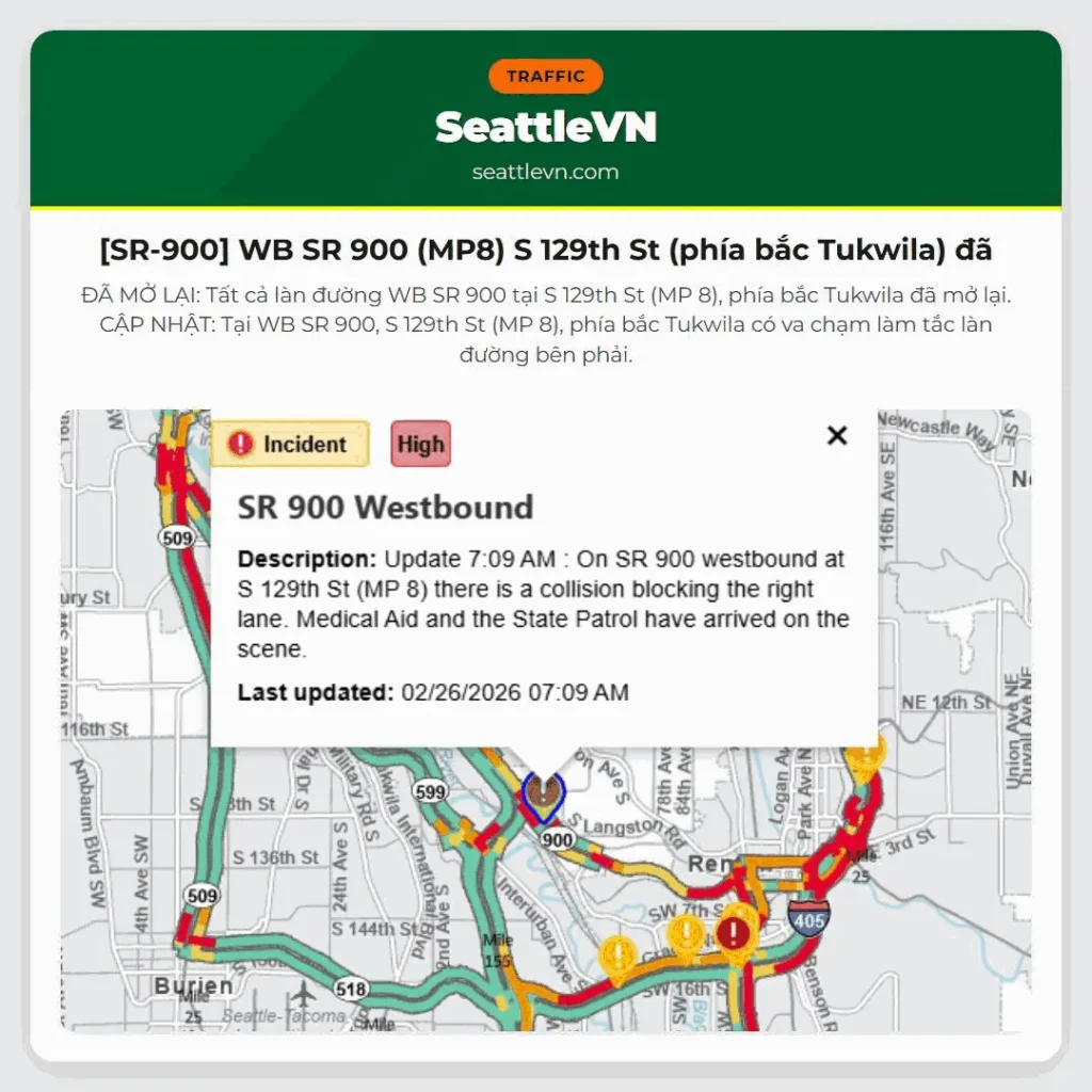 [SR-900] WB SR 900 (MP8) S 129th St (phía bắc Tukwila) đã
