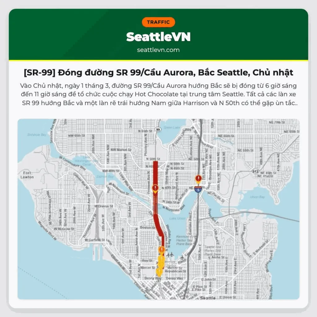 [SR-99] Đóng đường SR 99/Cầu Aurora, Bắc Seattle, Chủ nhật