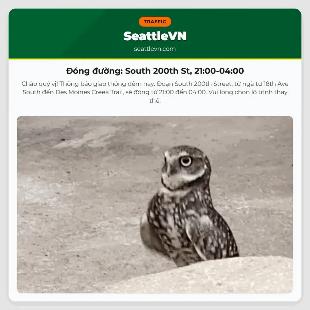 Đóng đường: South 200th St, 21:00-04:00