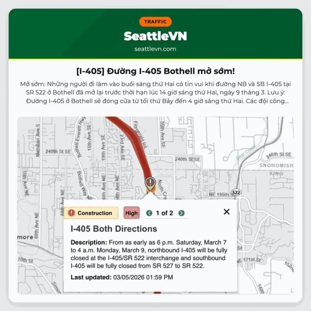 [I-405] Đường I-405 Bothell mở sớm!