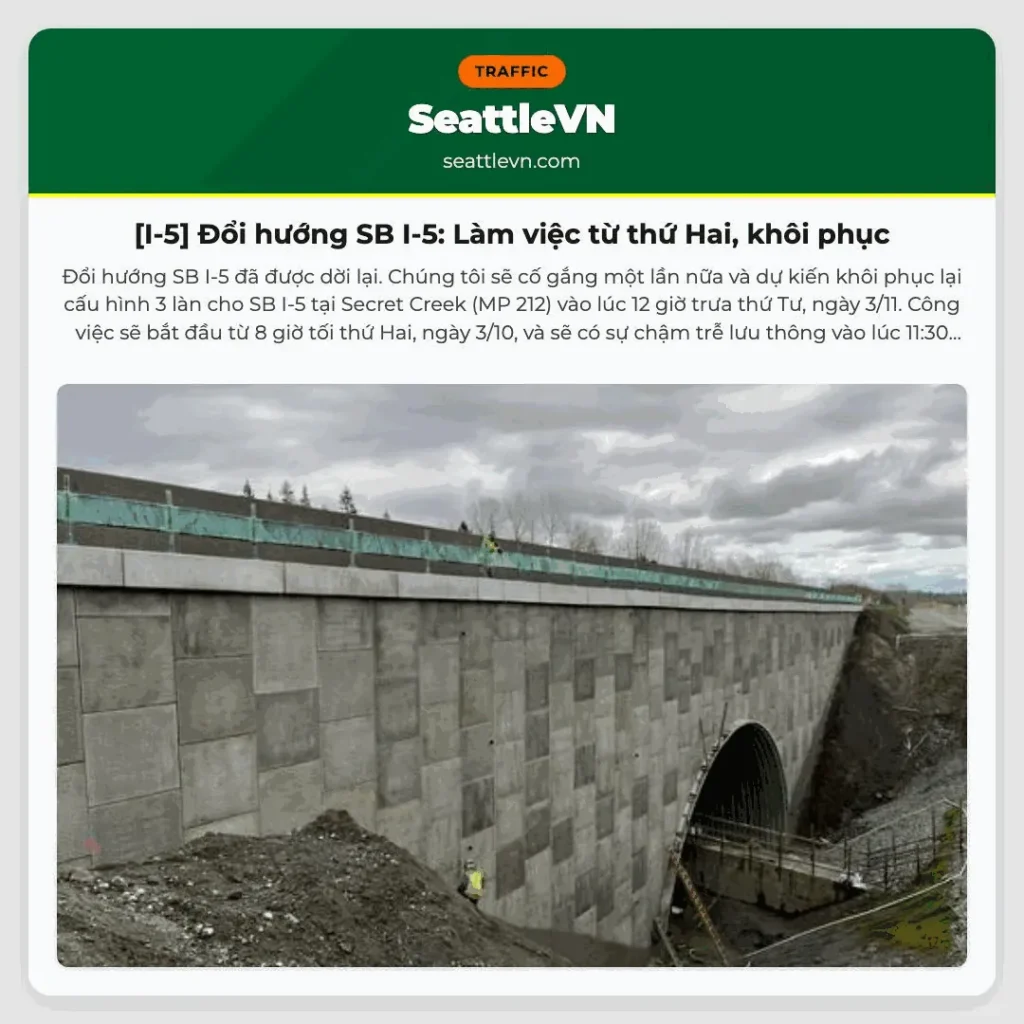 [I-5] Đổi hướng SB I-5: Làm việc từ thứ Hai, khôi phục