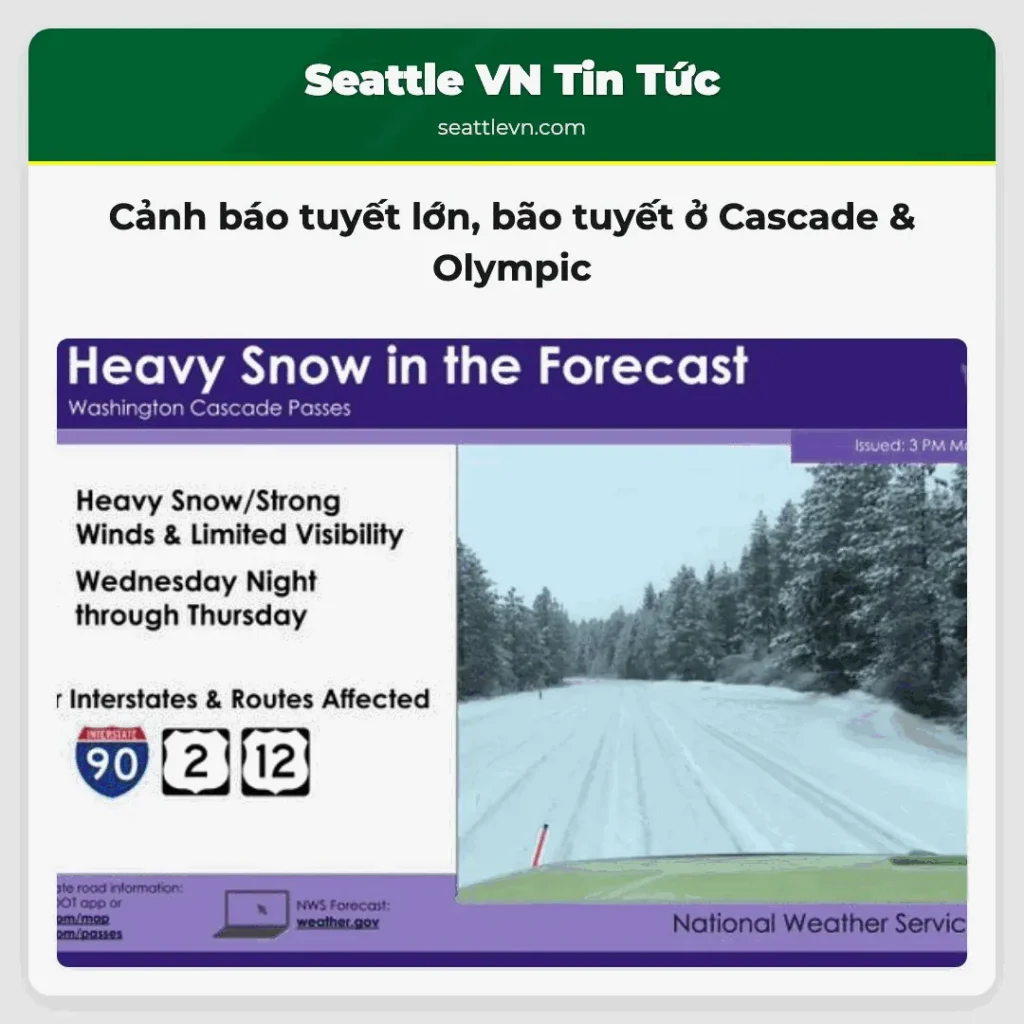 Cảnh báo tuyết lớn, bão tuyết ở Cascade & Olympic