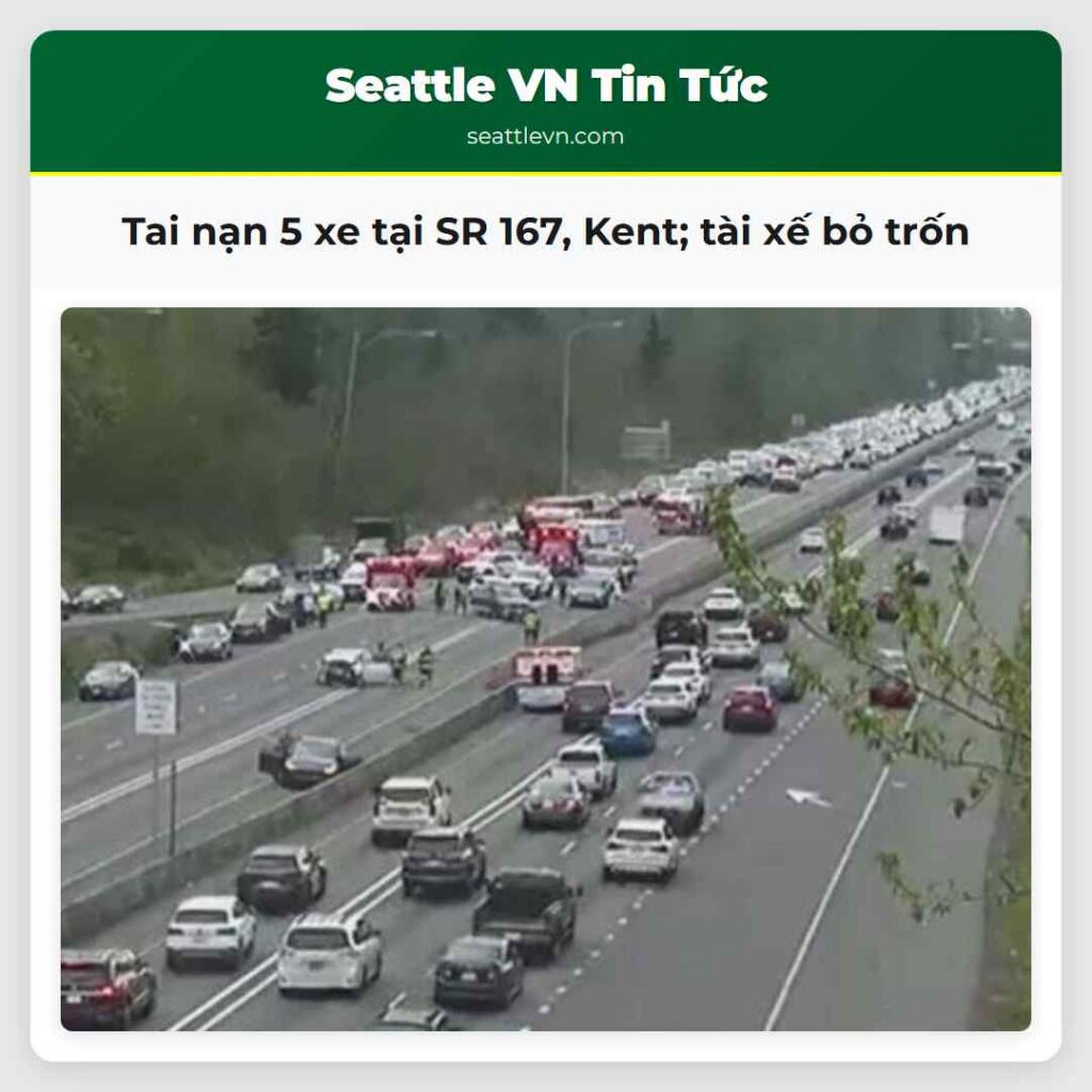 Tai nạn 5 xe tại SR 167, Kent; tài xế bỏ trốn