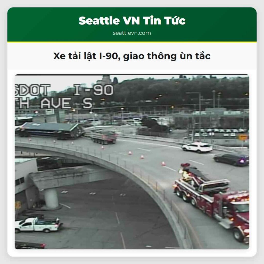 Xe tải lật I-90, giao thông ùn tắc
