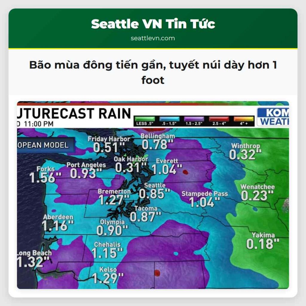 Bão mùa đông tiến gần, tuyết núi dày hơn 1 foot