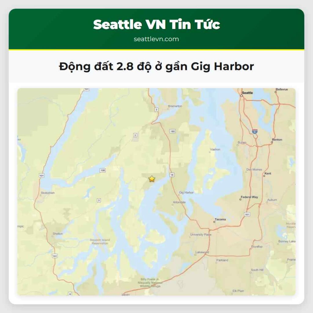 Động đất 2.8 độ ở gần Gig Harbor