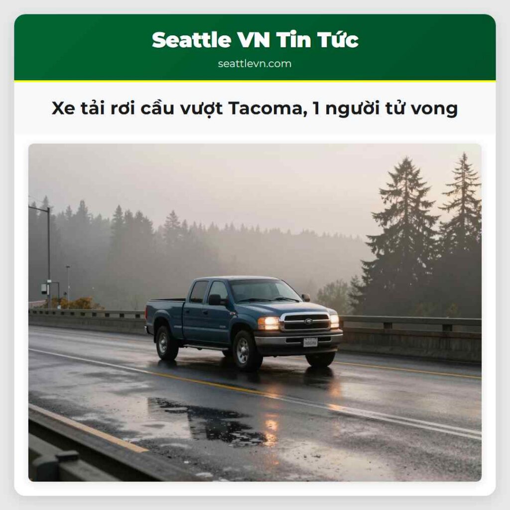 Xe tải rơi cầu vượt Tacoma, 1 người tử vong