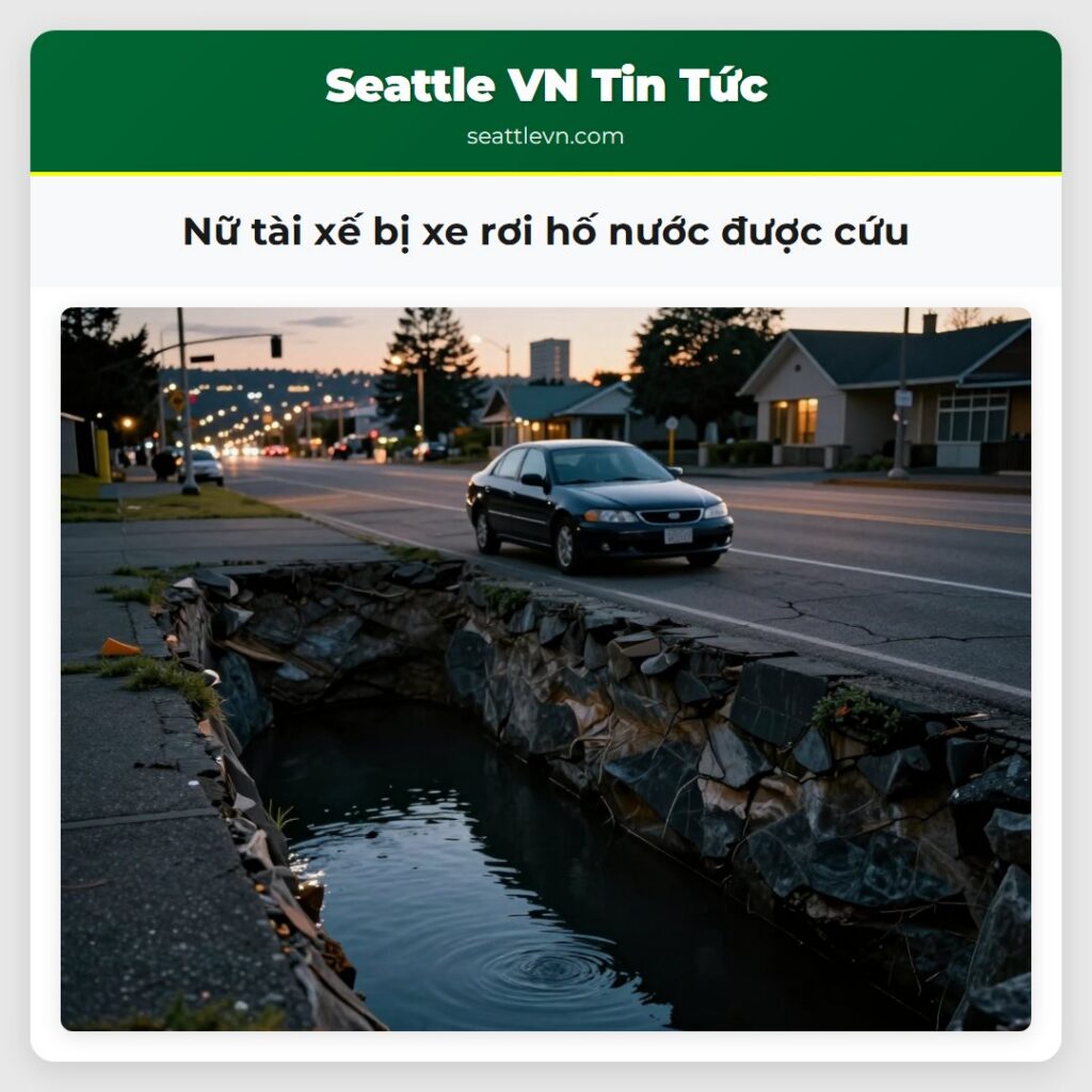 Nữ tài xế bị xe rơi hố nước được cứu
