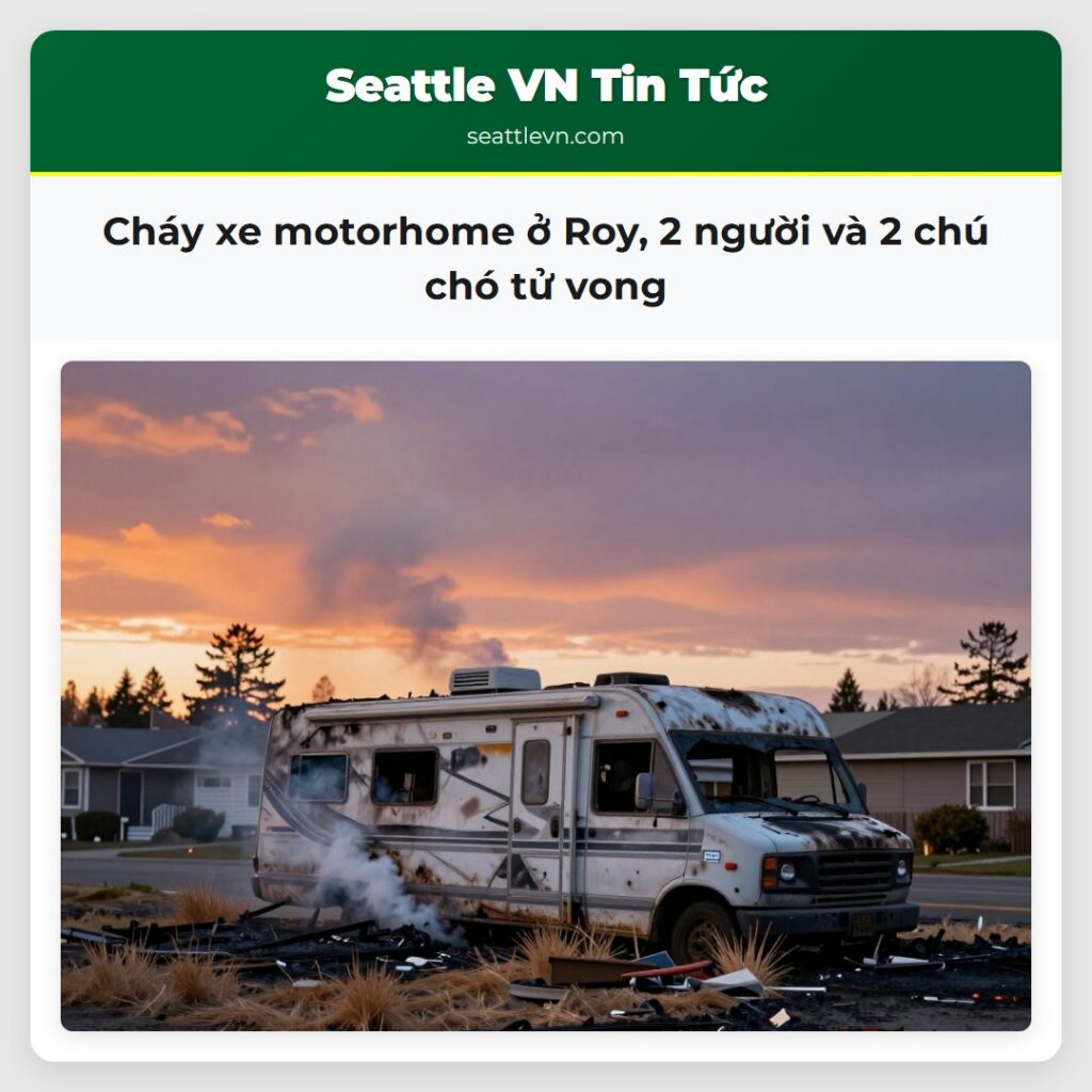 Cháy xe motorhome ở Roy, 2 người và 2 chú chó tử